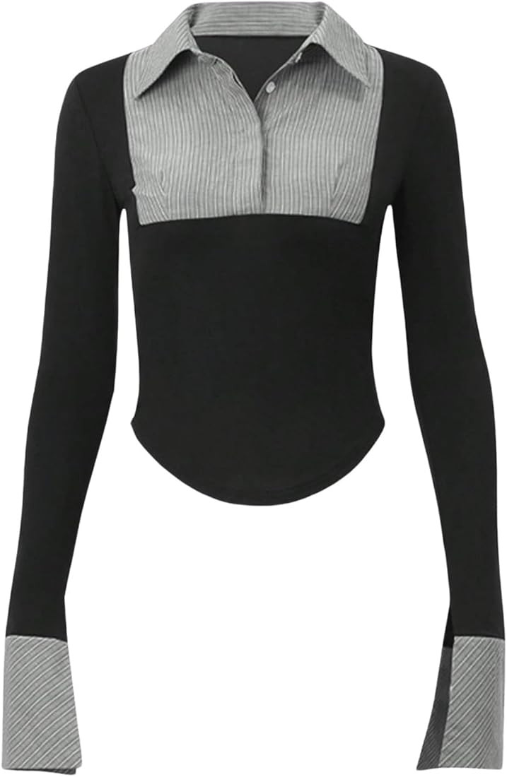 Women's Striped Button Front Collared Blouse Shirts Long Sleeve Slim Fit Asymmetrical Hem Work To... | Amazon (US)