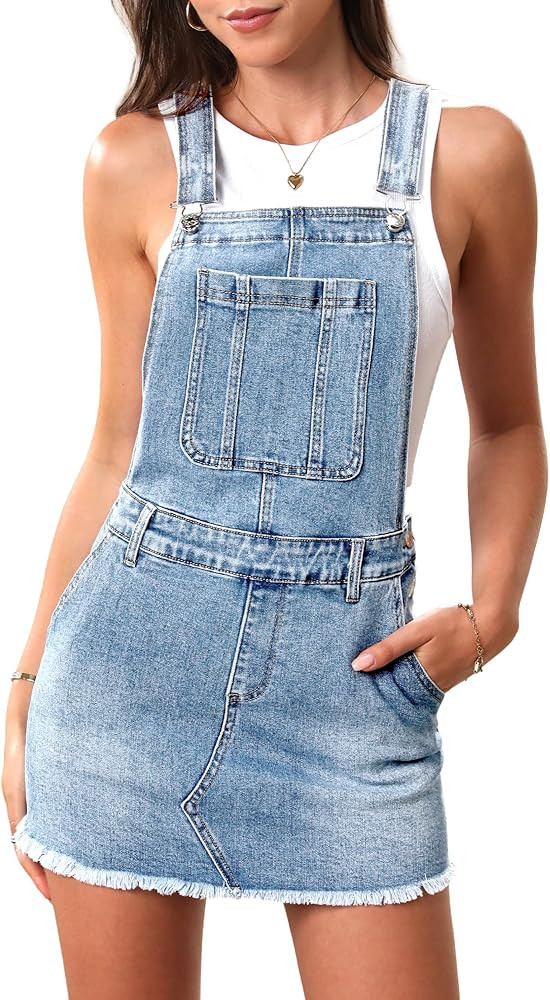 ELLEVEN Denim Overalls Mini Dress for Women, High Stretchy Adjustable Strap Jean Rompers with Poc... | Amazon (US)