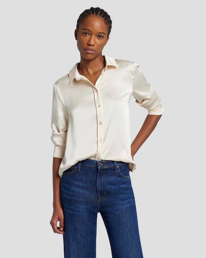 Satin Button Up Shirt in Cream | 7 For All Mankind