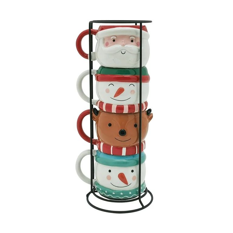 Holiday Time Santa, Snowman and  Reindeer Mix Stackable Stoneware Mug Withe Metal Rack Set | Walmart (US)