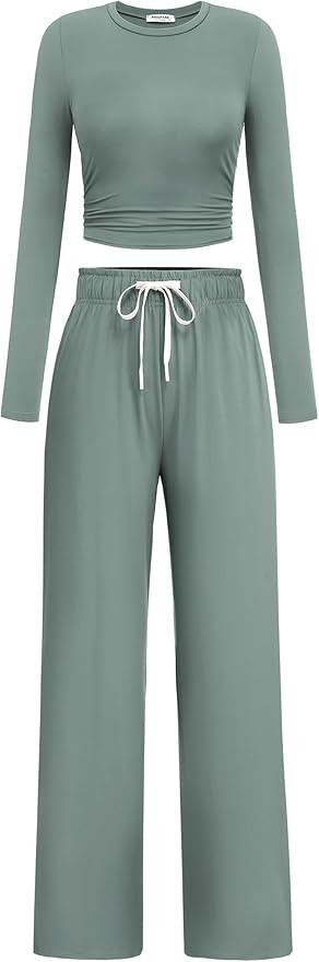 PINSPARK Women 2 Piece Lounge Set Long Sleeve Cropped Top Wide Leg Pants with Pockets 2024 Fall O... | Amazon (US)