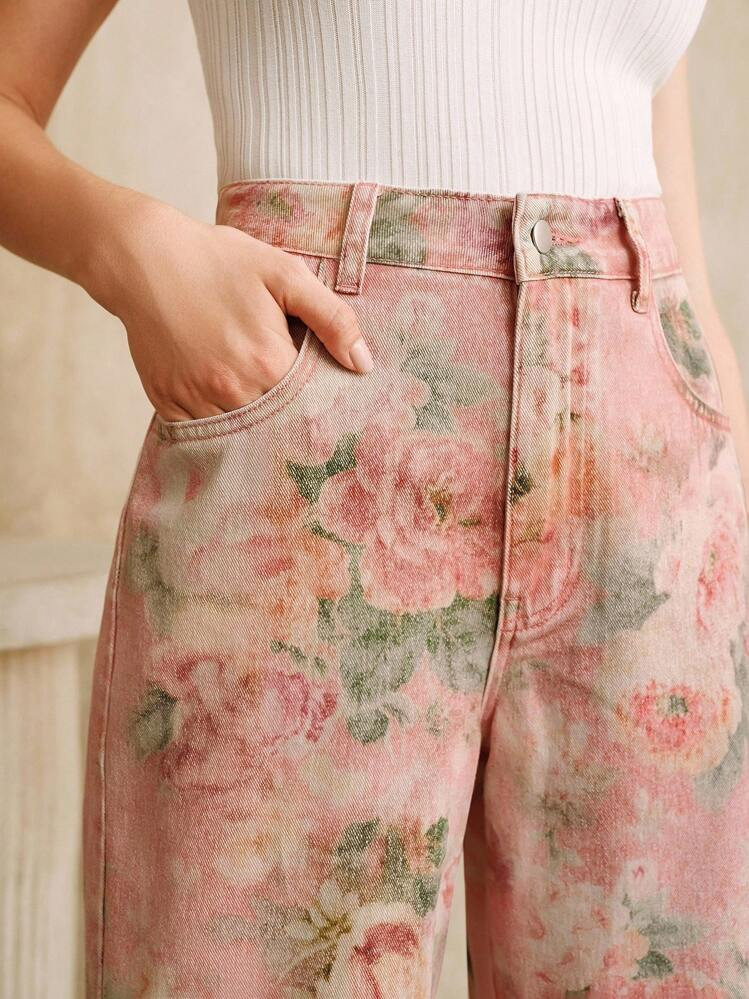 Anewsta Vintage Printed Pink Women's Jeans | SHEIN