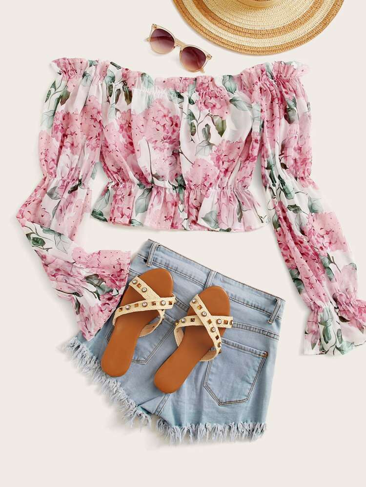 Frill Flounce Sleeve Floral Print Bardot Blouse | SHEIN
