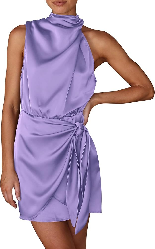 PRETTYGARDEN Women's Short Formal Satin Dress Summer Sleeveless Mock Neck Tie Waist Cocktail Part... | Amazon (US)