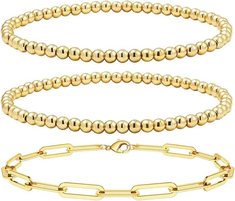 Reoxvo 18K Gold Plated Bracelets for Women | Stainless Steel Gold Beaded Stretch Bracelets Set | Amazon (US)