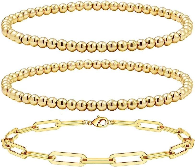 Reoxvo Gold Layered Bracelets for Women,18K Gold Plated Beaded Ball Bracelets for Women Gold Stac... | Amazon (US)