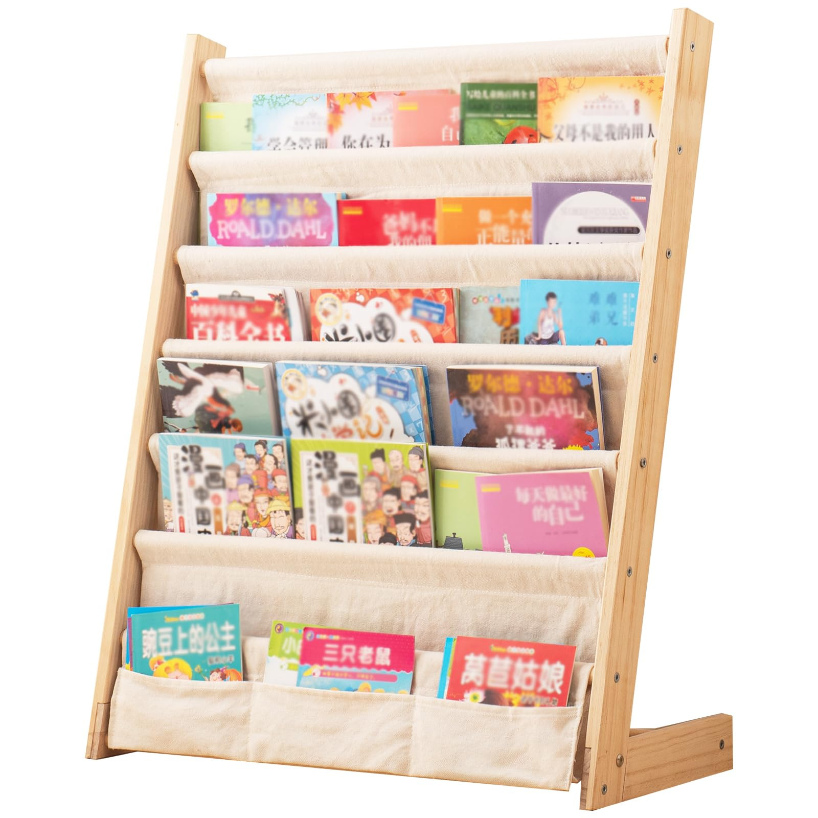 Wooden Bookshelf for Kids Wood Bookrack Canvas Book Storage Shelf Display Bookshelf 6 Tier Kids B... | Amazon (US)