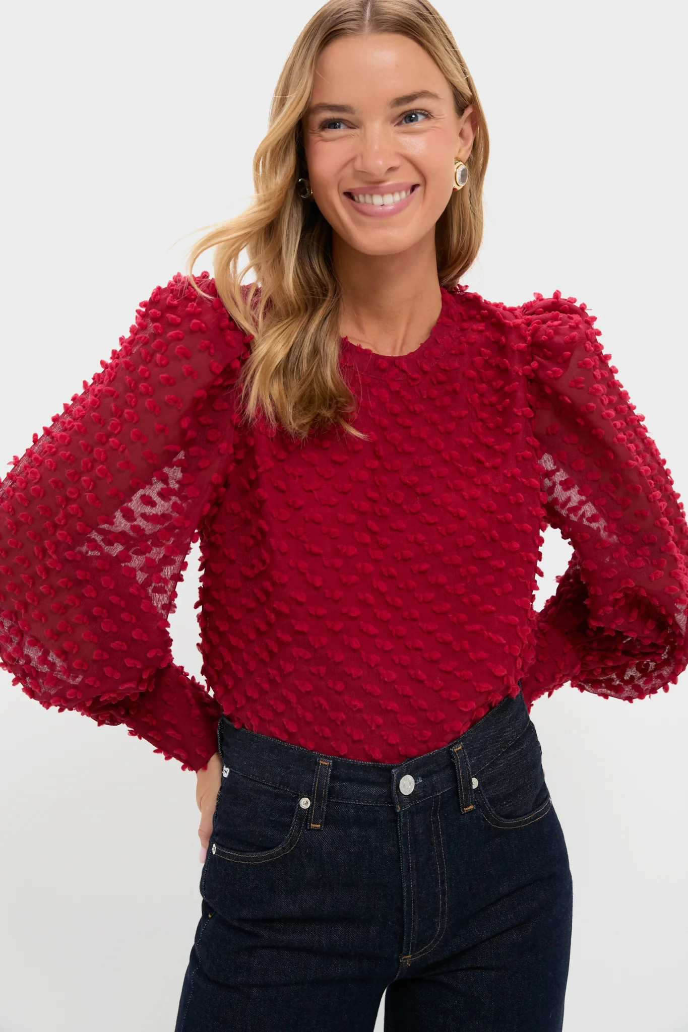 Red Textured Long Sleeve Harriet Blouse | Tuckernuck (US)