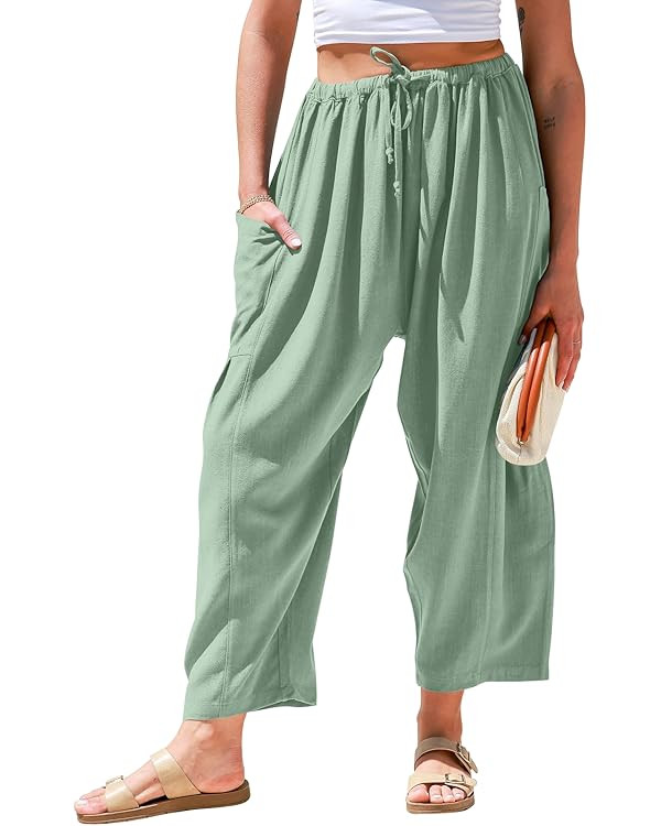 TARSE Womens Linen Wide Leg Pants Casual Loose Drawstring Summer Beach Travel Vacation Palazzo Ha... | Amazon (US)