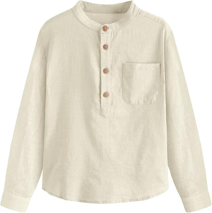 Boys Linen Shirt Button Up Henley Long Sleeve Dress Shirts Cotton Lightweight Tees Tops with One ... | Amazon (US)