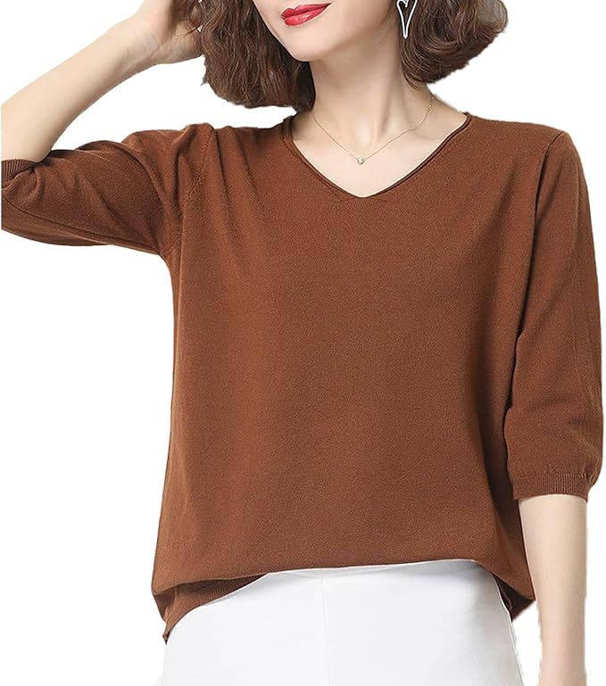 ASSUAL Women's Short Sleeve Sweaters V Neck Pullover Sweaters Solid Soft Knit Tops Tee | Amazon (US)