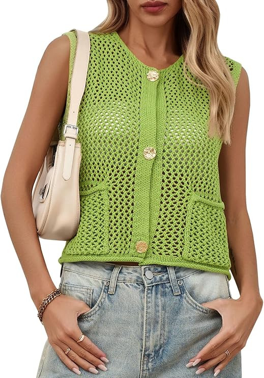 Saodimallsu Womens Crochet Sweater Vest Button Down Sleeveless Crew Neck Boho Knit Crop Tank Tops... | Amazon (US)