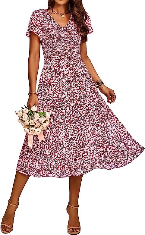 BTFBM Women Casual Summer Short Ruffles Tiered Sleeve Smocked Midi Dresses Bohemian Floral V Neck We | Amazon (US)