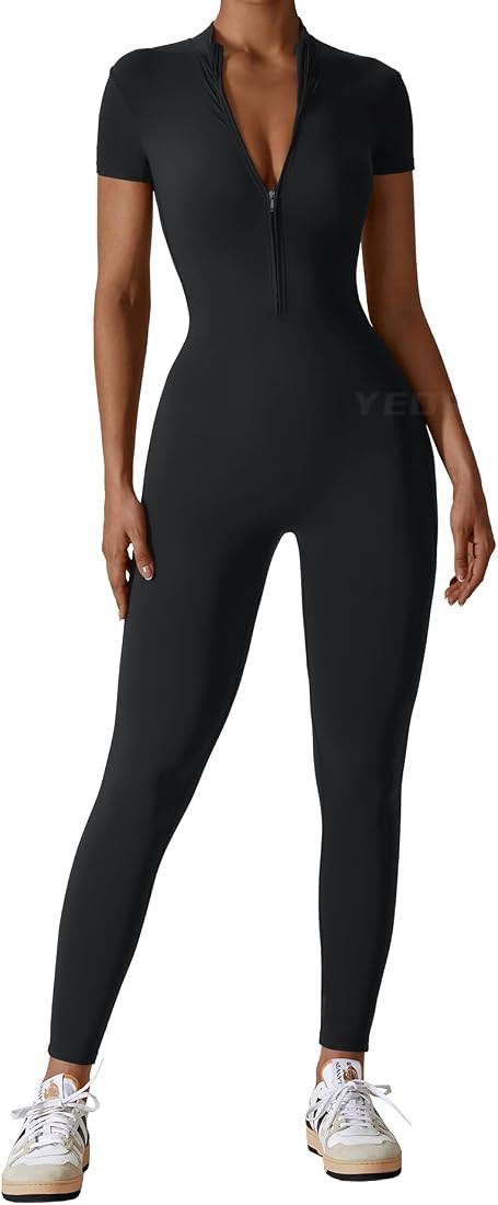 YEOREO Women Short Sleeve Workout Jumpsuit Zip Up Romper Bottom Pants Bodysuit Bodycon Sexy One P... | Amazon (US)