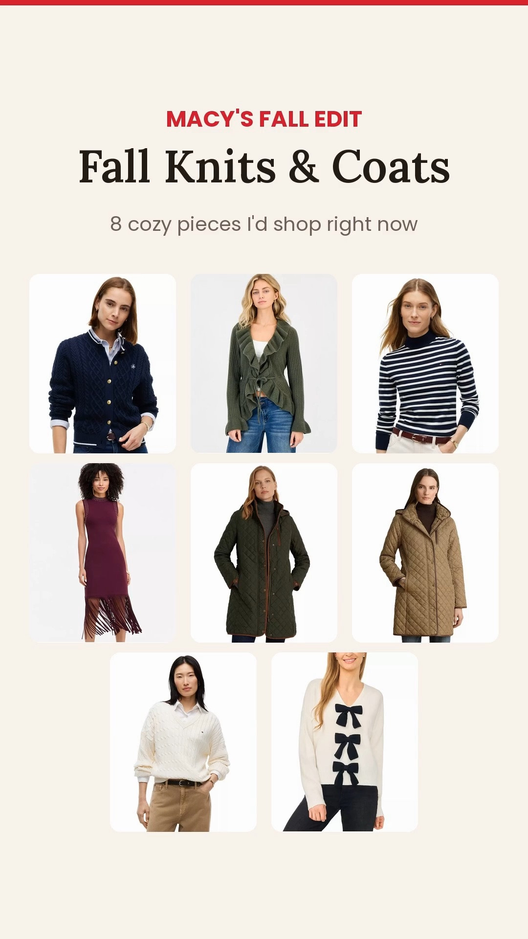 cozy fall pieces from Macy's I'd wear on repeat 

Cable cardigans, a bow sweater, a fringe sweater dress and two Lauren Ralph Lauren quilted coats, so there's an option for school runs, work and Diwali evenings.
Tap to shop and check today's price. Sizes go fast this time of year.
Which number is yours, 1–8? 👇
#LTKSeasonal #LTKstyletip #LTKworkwear #LTKover40