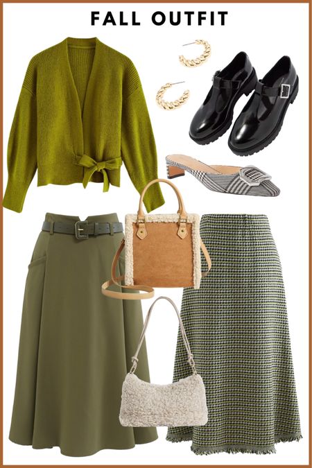 Fall outfit, work outfit, date outfit, dressy outfit, date night fashion // olive green, midi skirt, lambs wool, shearling, mule pump, Mary Jane shoe, hoop earrings 

#LTKSeasonal #LTKmidsize #LTKover40