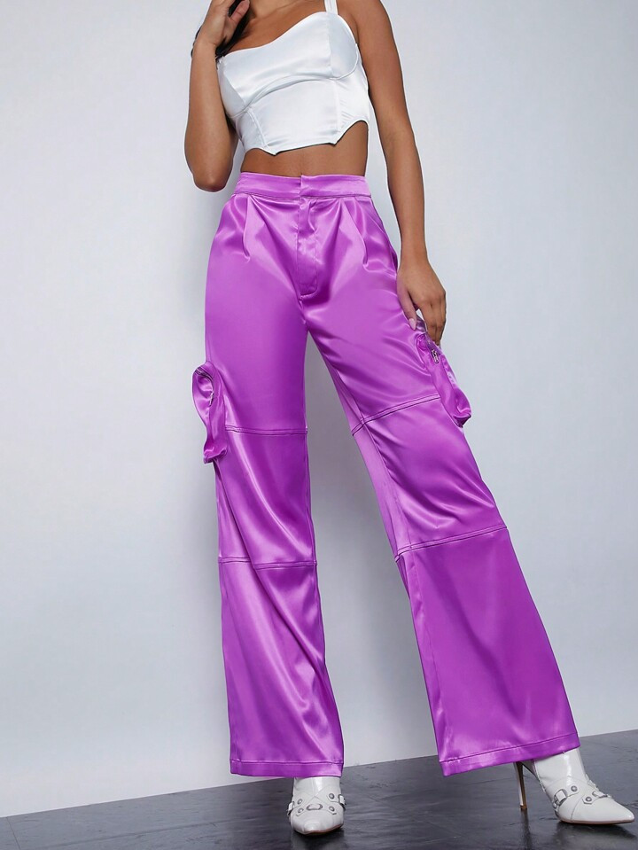 Mienne Solid Cargo Pocket Side Satin Pants | SHEIN