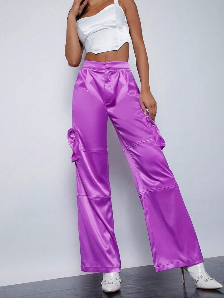 Mienne Solid Cargo Pocket Side Satin Pants | SHEIN