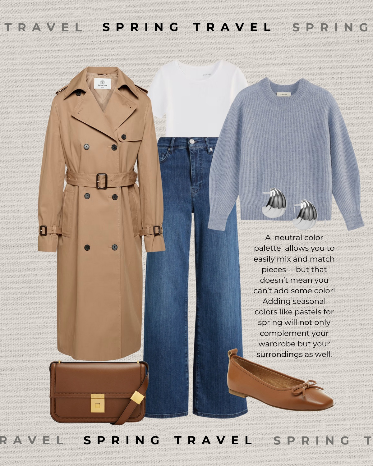 Spring travel outfit 

Trenchcoat/ light blue knit sweater / white tee / dark blue wash wide leg jeans / cognac brown purse / Demellier / brown ballet flats / spring style 

#LTKTravel #LTKSeasonal #LTKStyleTip
