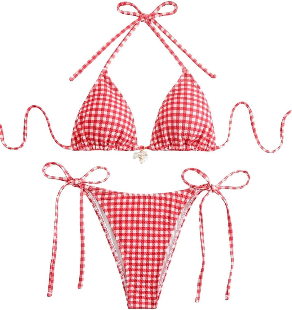 Women's Plaid Gingham Bathing Suit High Waisted Halter Triangle Swimsuit Bikini Set | Amazon (US)