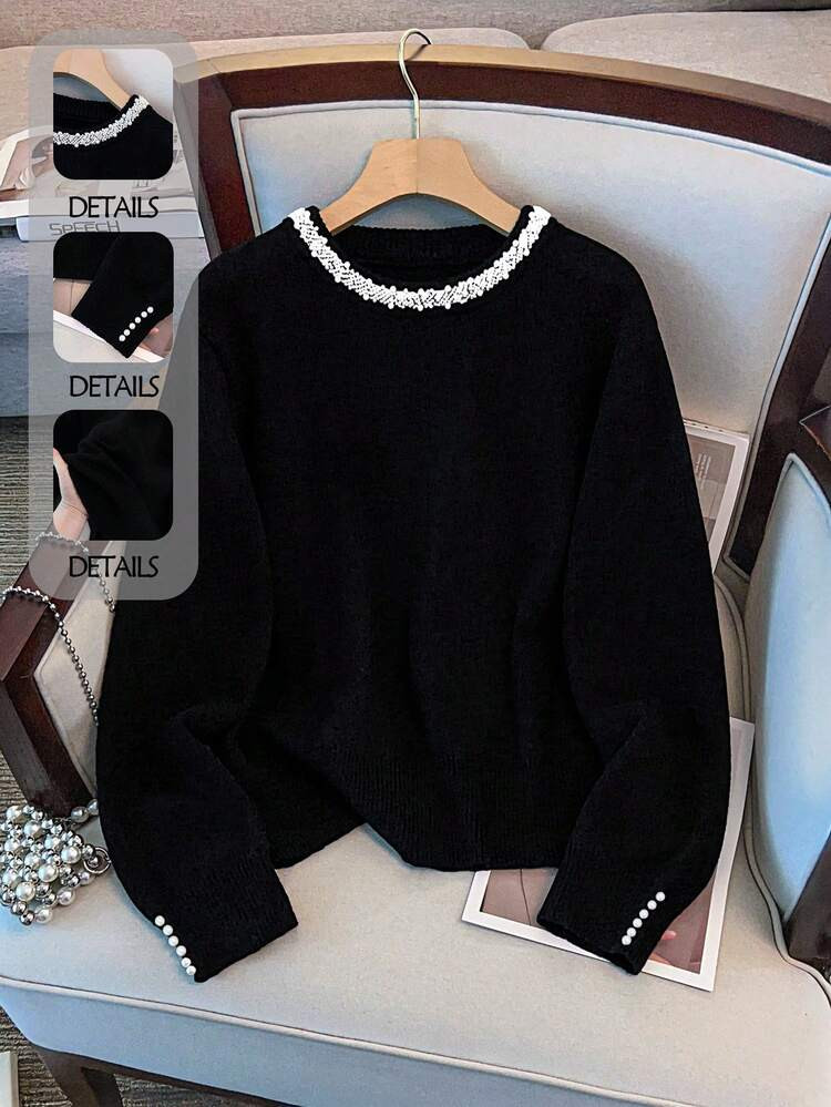 Regalyn Plus Size Elegant Pearl Crew Neck Long Sleeve Pullover Sweater Winter Fall Autumn | SHEIN
