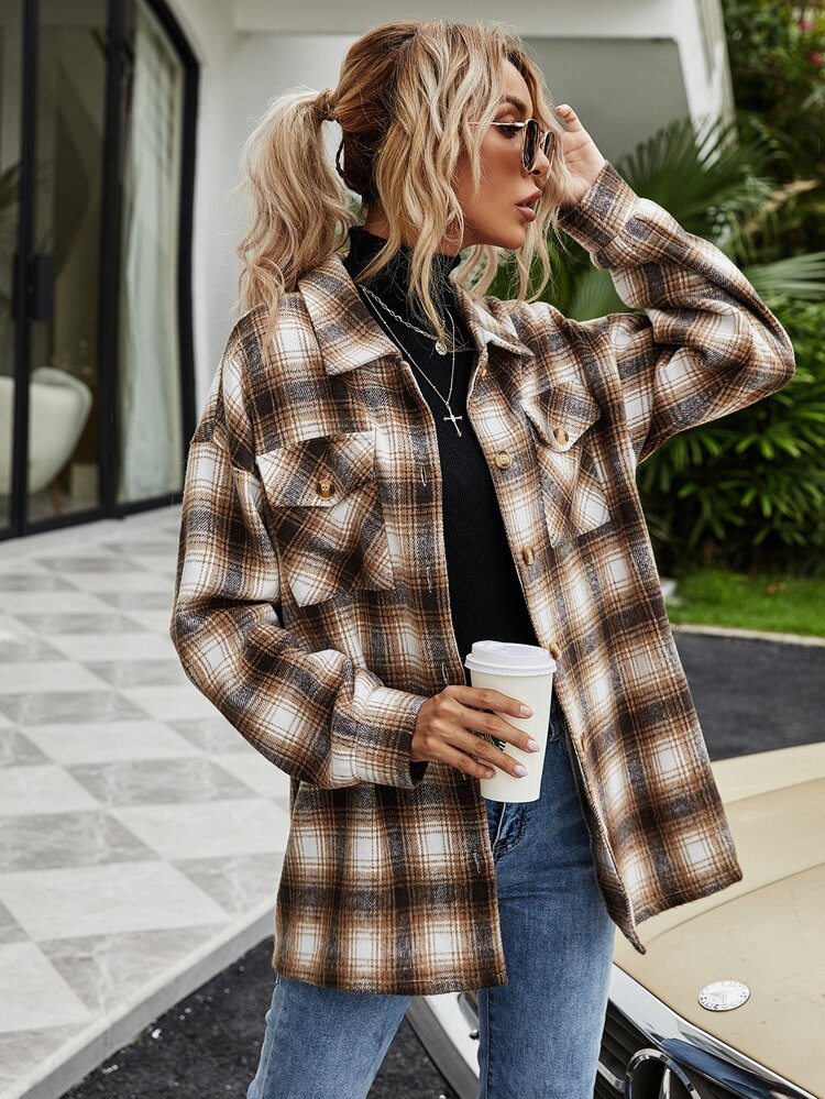 Flap Pocket Drop Shoulder Plaid Overcoat | SHEIN