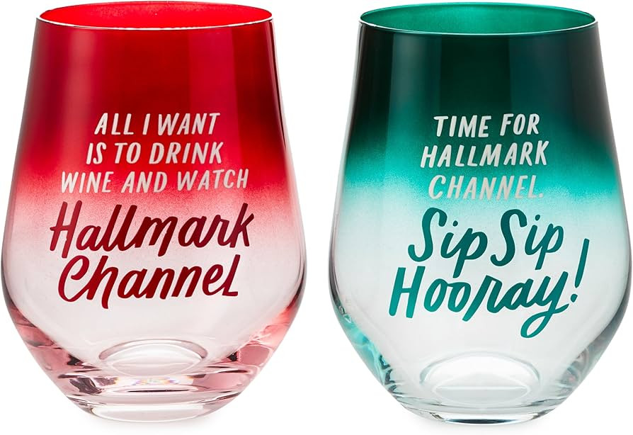 Hallmark Channel Stemless Wine Glasses ("Sip Sip Hooray!" Red and Green) Set of 2, 12 oz. Each, C... | Amazon (US)