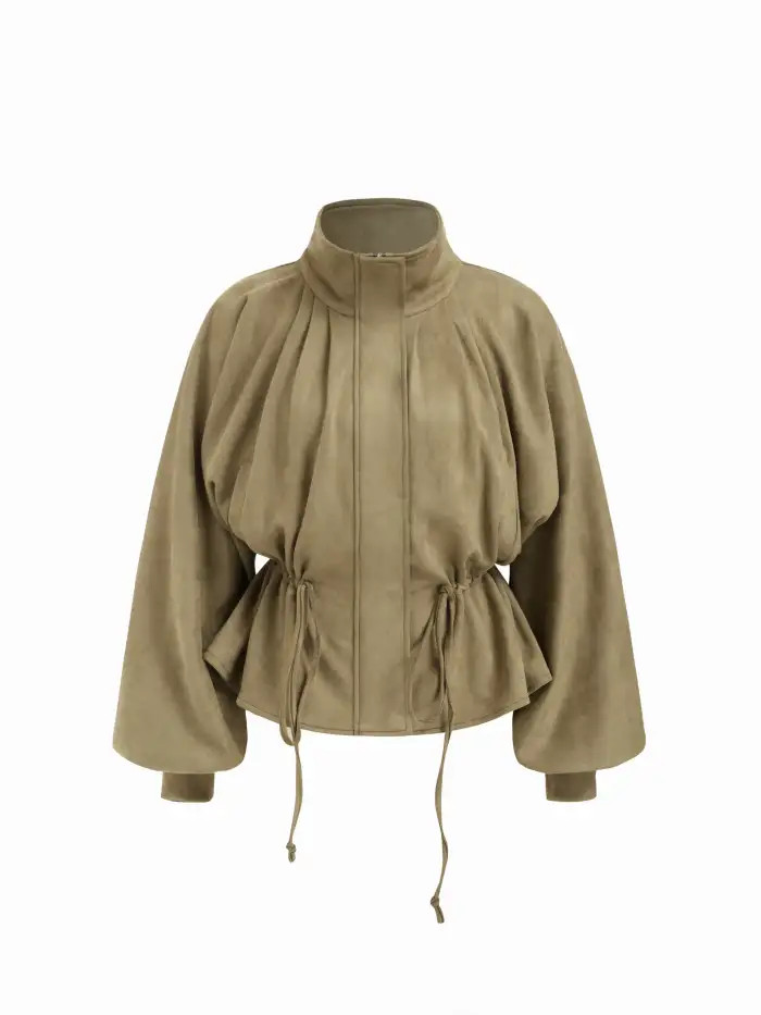 Suede Collar Drawstring Cinched Waist Zip Through Lantern Sleeve Jacket | Cider