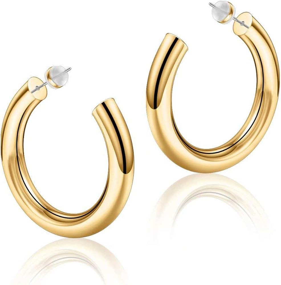 Hoop Earrings for Women - 14K Gold Plated Lightweight Chunky Open Hoops 316L Surgical Stainless Stee | Amazon (US)