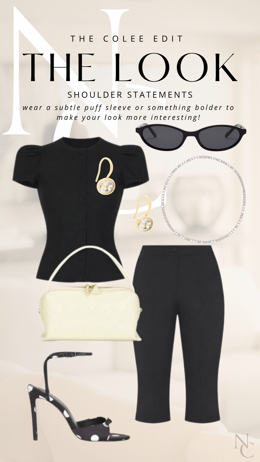 SHOULDER STATEMENTS 🖤
Proof that an all-black look never has to be boring. 🖤 A statement shoulder, sleek capri pant + a little polka-dot heel do all the work. Add the pale yellow bag for that unexpected pop and suddenly your basic black uniform feels very fashion-girl. Shop the look below! ✨ 

 #LTKdayinmylife #LTKgrwm #LTKootd