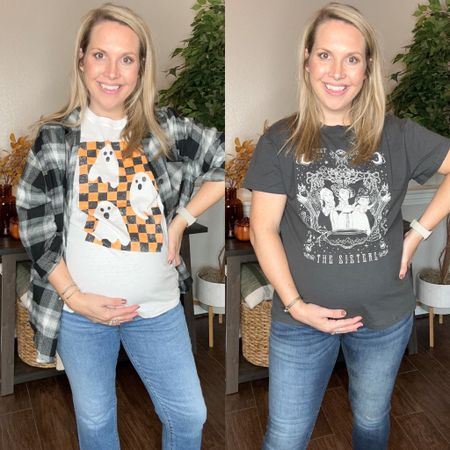 Sharing some fun Halloween graphic tees from Target!! 🎃 I sized up to a large in both graphic tees at 28+ weeks pregnant. My jeans and flannel are also from Target and all under $30 because the jeans are on sale!!! 

Halloween, fall outfits, maternity, jeans, Halloween outfit, Target style, Target 

#LTKbump #LTKsalealert #LTKHalloween