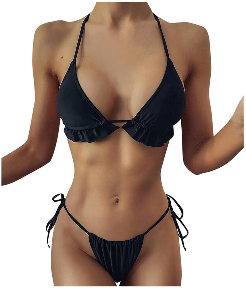 Women Two Piece Sexy Solid Color Halter Triangle Tie Side Bikini Set Plus Size Beachwear Swimsuit... | Amazon (US)