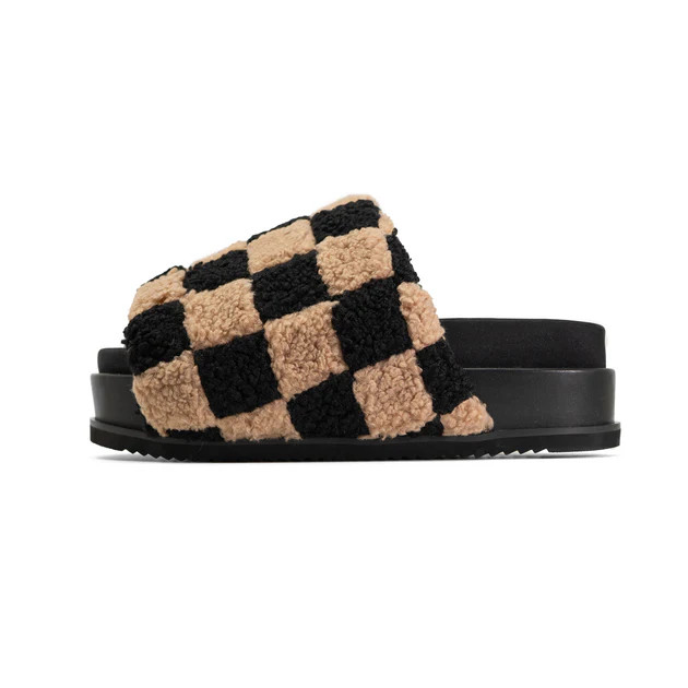 ROAM FUZZY CHECKER STACK PLATFORM  BLACK & BEIGE FAUX SHEARLING | ROAM