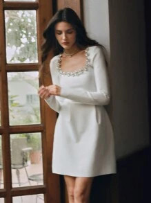 Anewsta Elegant Diamond Decorated Square Neck White Formal Gown | SHEIN