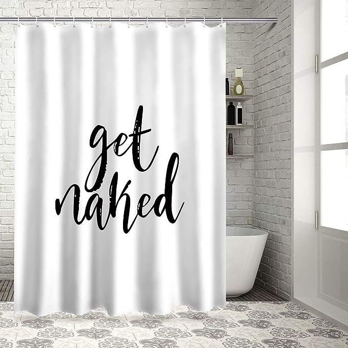 Z&L Home White Shower Curtains Bathroom Decorations-Get Naked Black Script Shower Curtain with Ho... | Amazon (US)