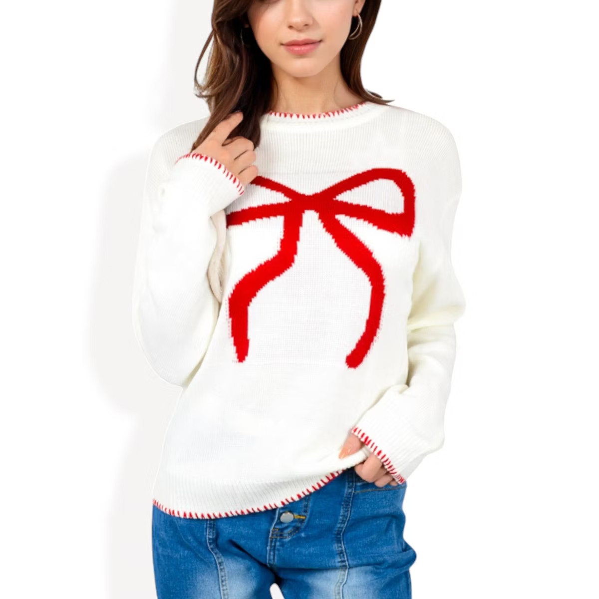Anna-Kaci Women's Long Sleeve Knit Sweater with Bow Detail and Contrast Stitching | Target