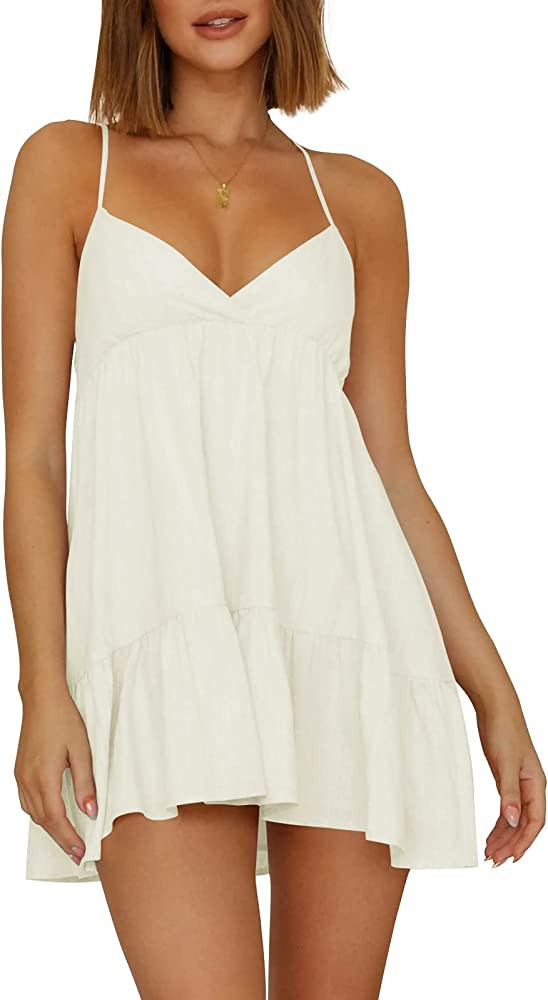 Womens V Neck Crisscross Backless Dresses Tie Back Sleeveless Ruffle Hem Flowy Swing A-Line Vinta... | Amazon (US)