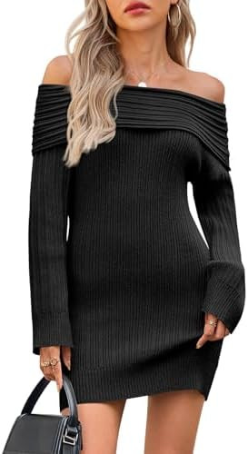Saodimallsu Womens Off The Shoulder Mini Sweater Dress Bodycon Long Sleeve Ribbed Knit Fall Casua... | Amazon (US)