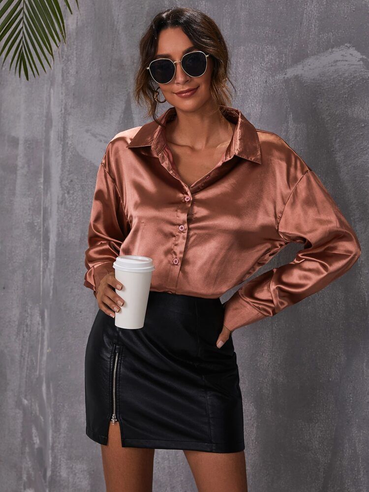 Solid Button Front Satin Blouse | SHEIN