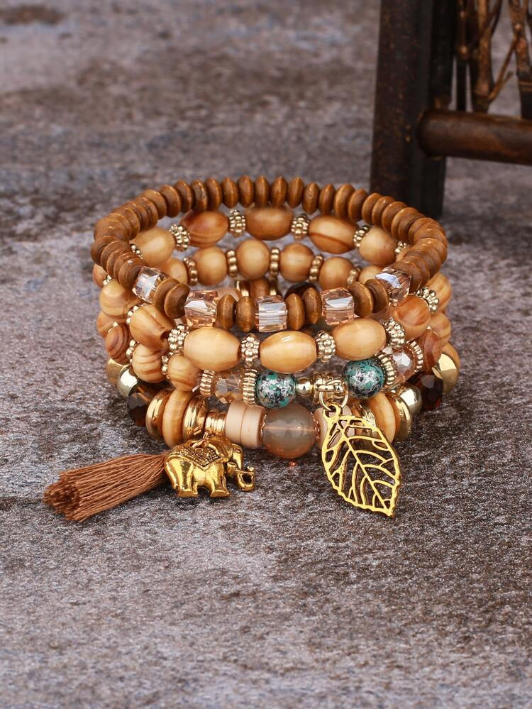 EMERY ROSE 4pcs Leaf Charm Beaded Bracelet | SHEIN