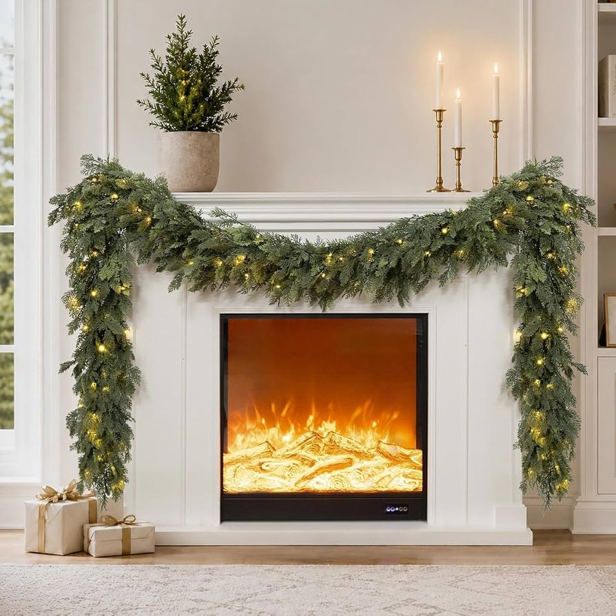 Pre-Lit Christmas Garland 9FT Decorations Real Touch Cedar Cypress Pine Greenery Artificial Green... | Amazon (US)