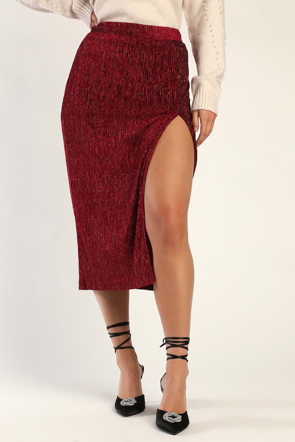 Luxe Energy Burgundy Lurex Velvet Midi Skirt | Lulus (US)