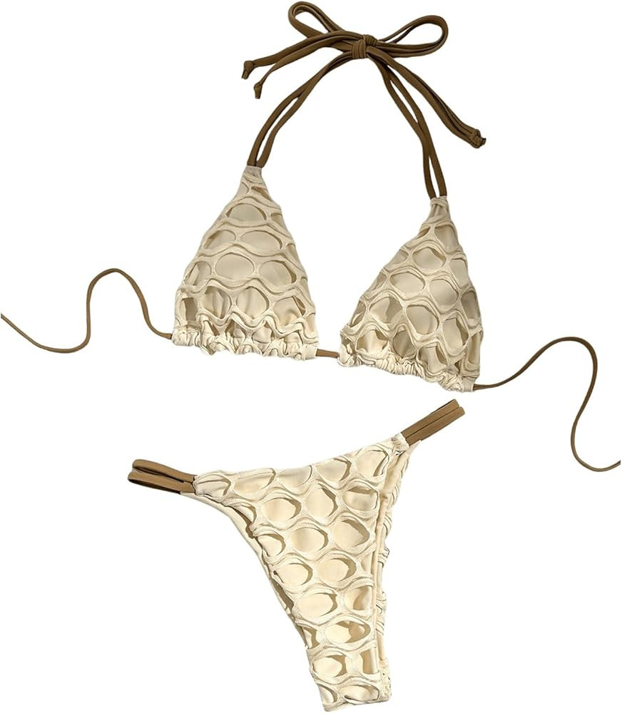 GORGLITTER Women's Two Piece Hollow Out Bikini Swimsuit Contrast Trim Backless Triangle Thong Bat... | Amazon (US)