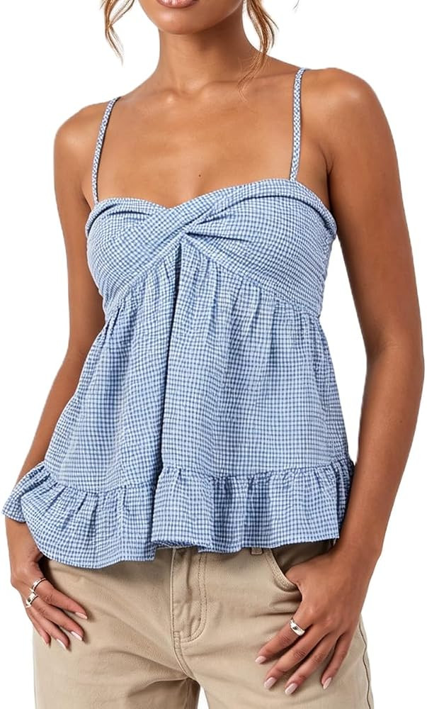 Mxiqqpltky Women Y2k Plaid Babydoll Tank Top Summer Spaghetti Strap Square Neck Ruffle Camisole C... | Amazon (US)