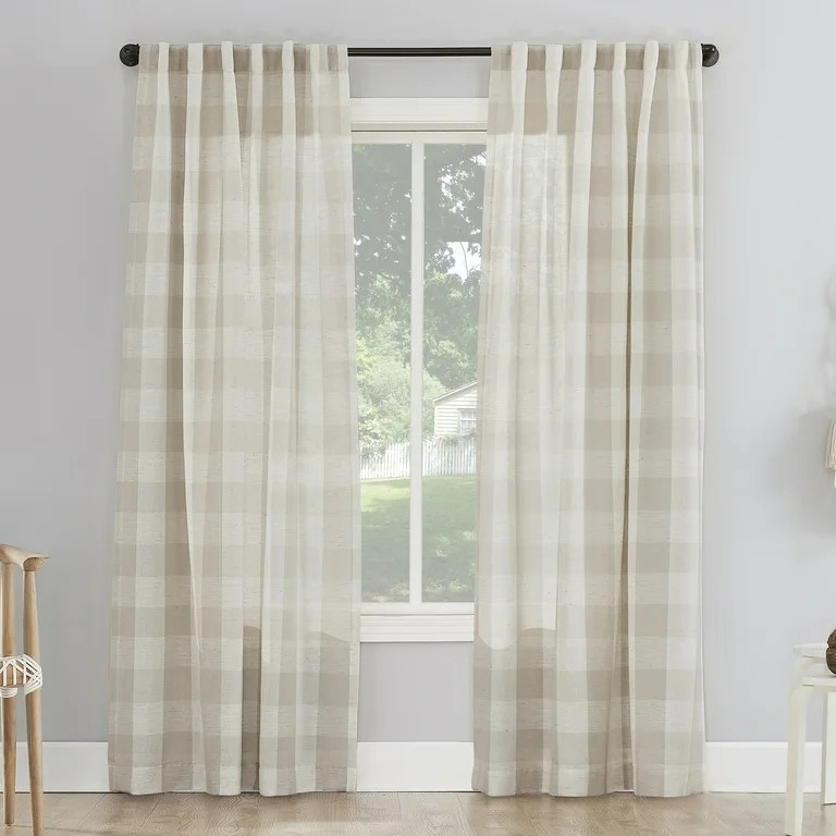 Better Homes and Gardens Buffalo Plaid Semi-Sheer Back Tab Curtain Panel, 50" x 84", Beige | Walmart (US)
