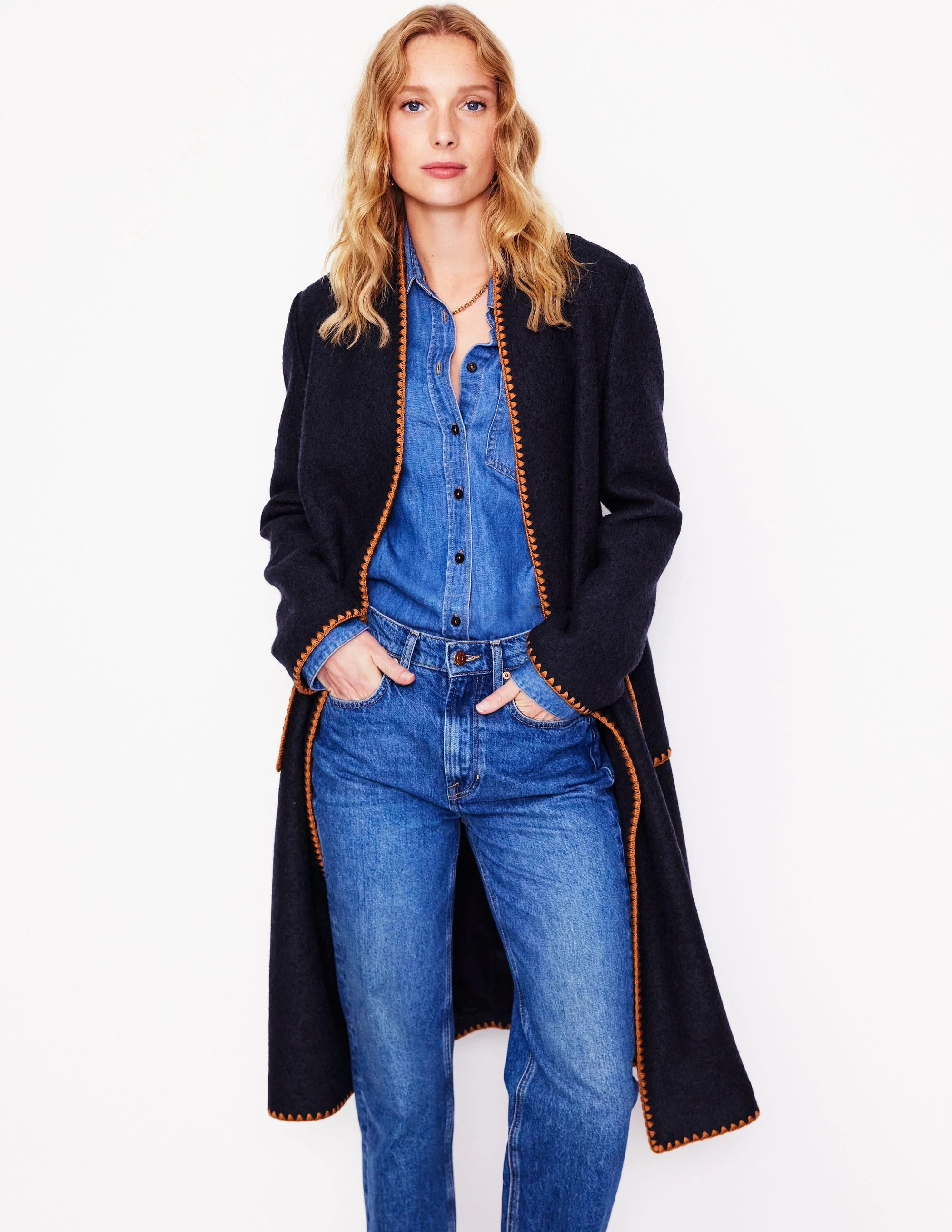 Blanket Stitch Wrap Coat-Navy | Boden UK