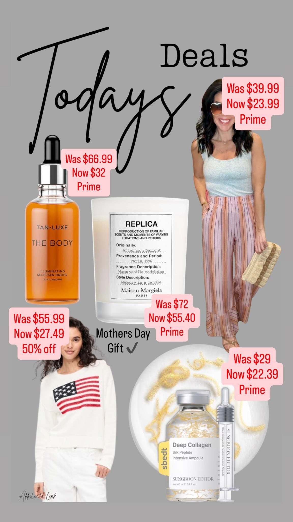 Todays deals
Mother’s Day gift idea
Home fragrance
Self tanning
Over 40 collagen serum 
American flag sweater
Memorial Day 
Vacation outfit
Look for less FP
SUMMER outfit

#LTKSaleAlert #LTKselfcare #LTKMothersDay