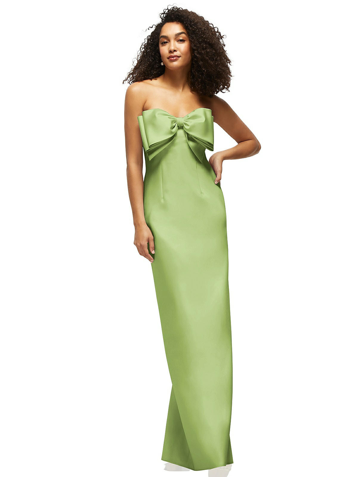 Strapless Satin Column Maxi Dress with Oversized Handcrafted Bow in Mojito | The Dessy Group
