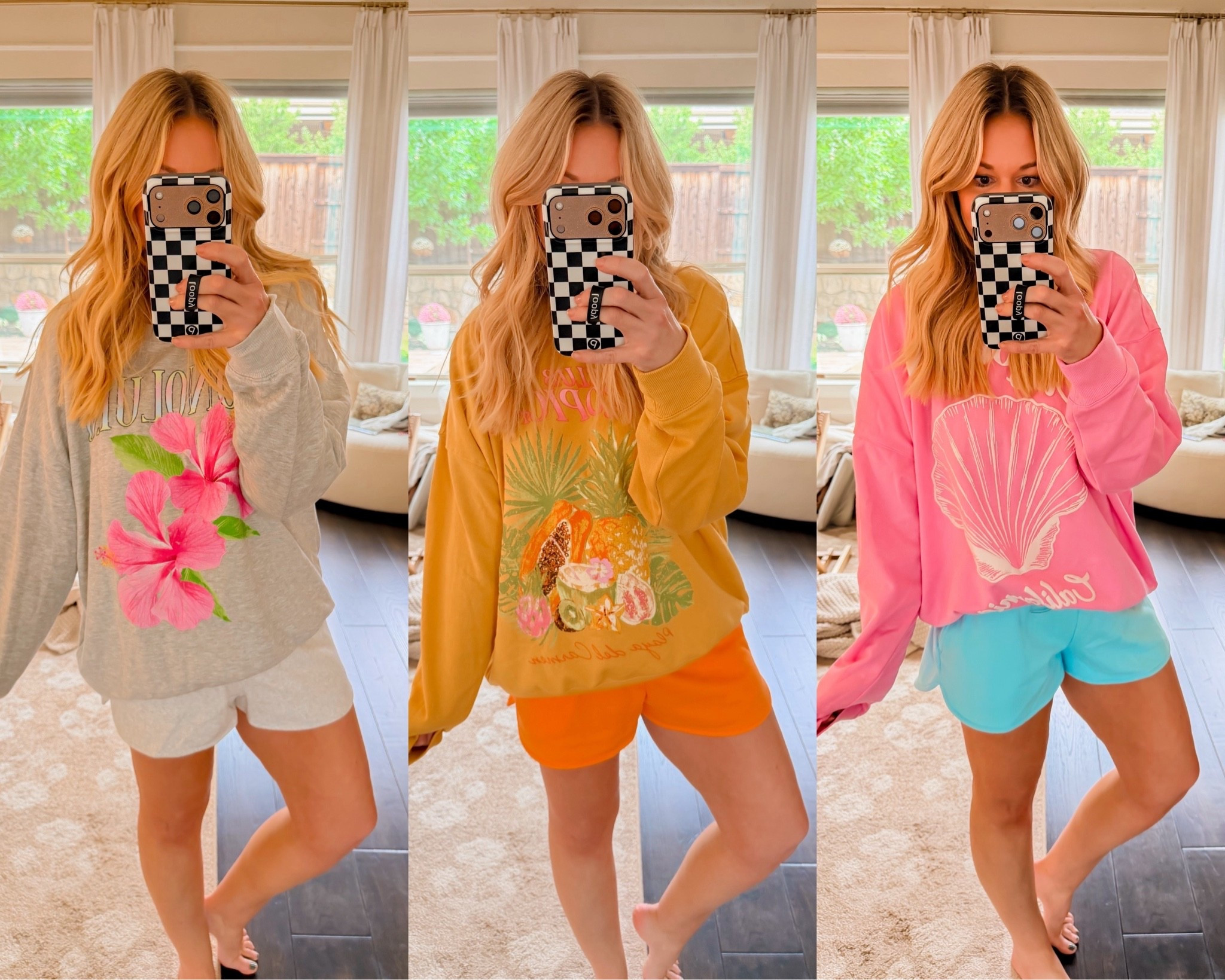 The the cutest loungewear!! for all of the sweatshirts I sized up to an extra large for an oversized fit. All of the shorts are true to size. I’m wearing my normal medium.