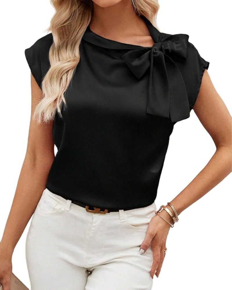 Women's Satin Tops Elegant Bow Tie Neck Short Sleeve Blouse Summer Spring Office Work Business Sh... | Amazon (US)